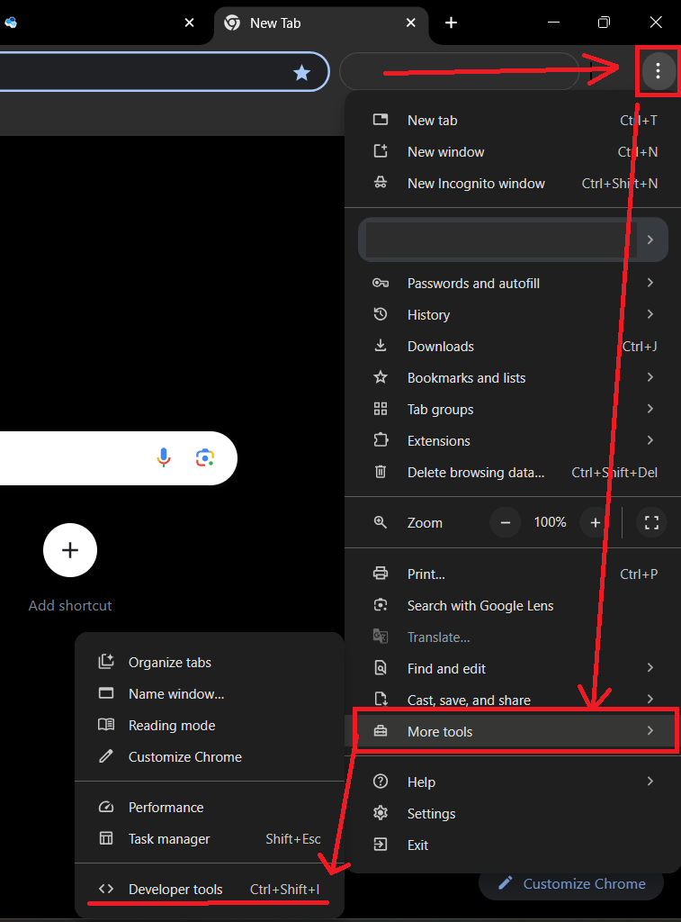 developer tools option